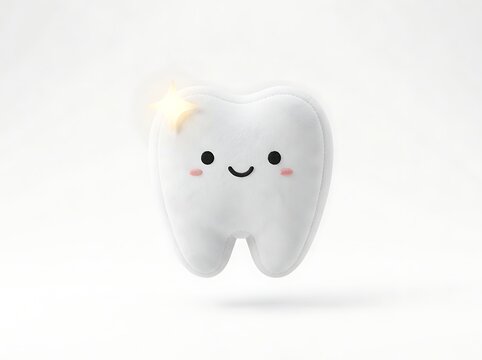Smiling tooth, cartoon dental icon, white background, happy teeth character