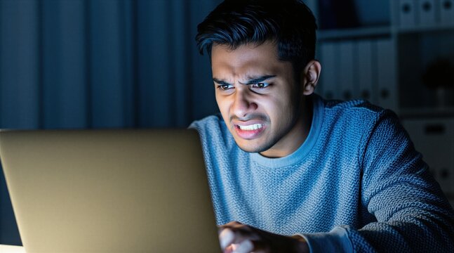 Young man works late on laptop computer with stressed face expression. Person feels frustrated with technology problem. Guy is tired and frustrated using internet late at night.