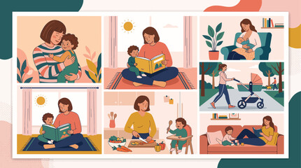 Fototapeta premium Flat Illustration Set Featuring a Mother and Child Engaging in Daily Activities Together at Home and Outdoors