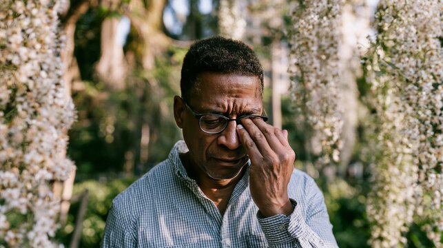 Man rubbing itchy eye from spring allergy