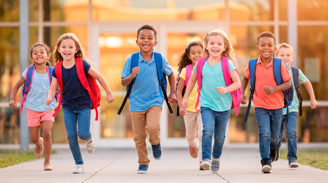 Diverse group of happy elementary school children running towards the camera with backpacks