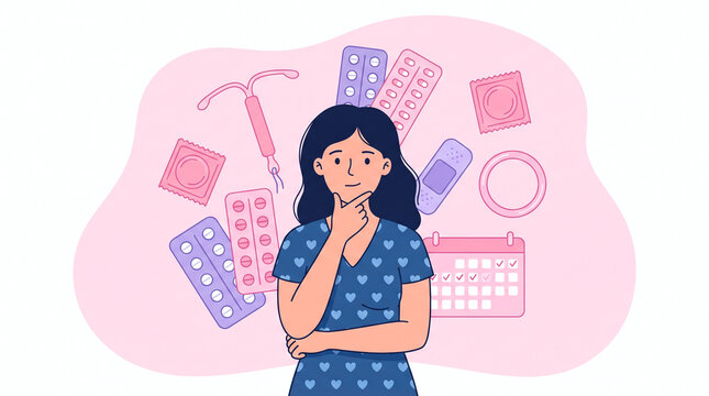 Woman contemplating various birth control options and family planning methods