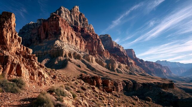 Stepped rock layers in a canyon wall, desert landscape.