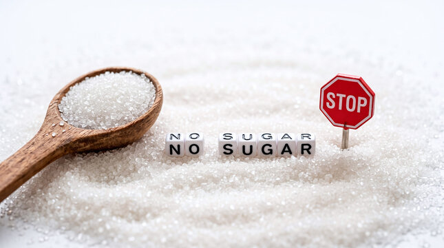Stop sugar consumption with a wooden spoon and stop sign amidst granulated sugar