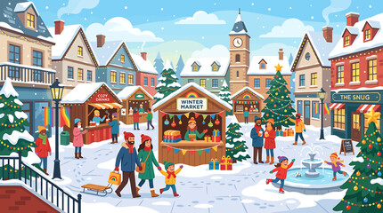 Festive Christmas Market Scene with Snow and Joy. © Dasim