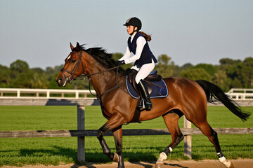 Obraz premium Young female rider gallops brown horse on dirt track near grassy field. Woman wears riding helmet vest and white pants for equestrian event training.