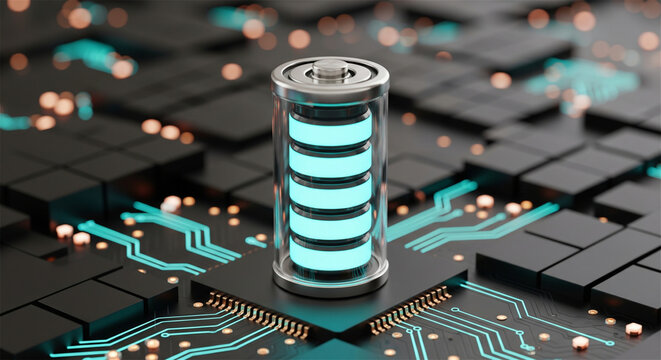 Futuristic glowing battery on circuit board, high capacity energy storage cell, lithium ion power technology concept for electric vehicles
