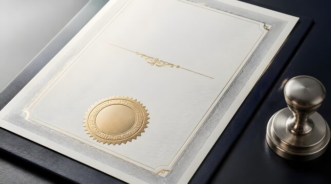 Blank certificate with gold seal and metal stamp