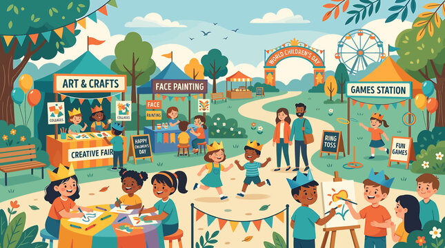 Colorful outdoor fair with children playing and crafting.
