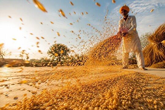 Golden wheat grains scattering in the air on a threshing floor.