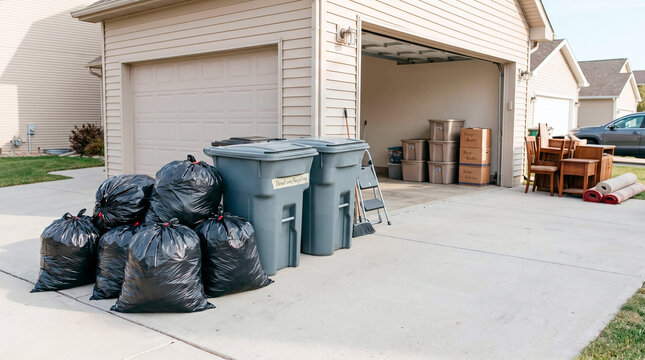 Preparing for a move or decluttering with trash bags and bins by the garage
