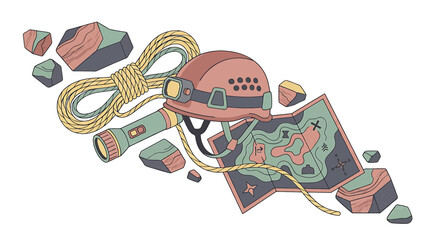 Colorful climbing gear and map illustration. © nur