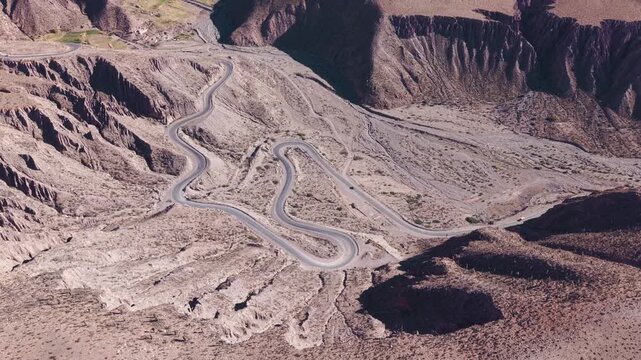 Drone footage of scenic mountain road curves in Cuesta de Lipan, Jujuy, Argentina