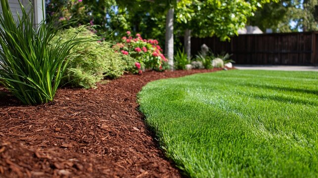 Perfectly manicured backyard landscape with lush green lawn, rich brown mulch border, and vibrant flowering shrubs creating a serene garden design