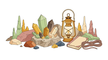 Colorful illustration of crystals and lantern with books. © Tri