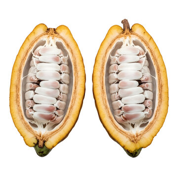 Fresh cacao pods cut in half showing white beans transparent background