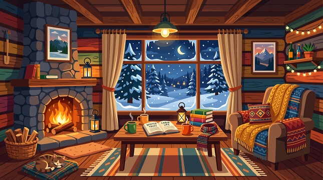 Cozy cabin interior with fireplace and winter view.