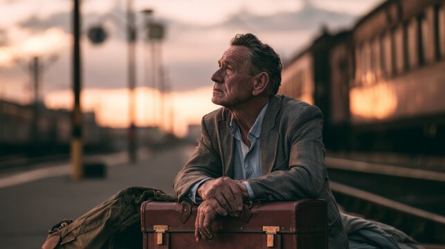 Senior man waiting at train station during sunset