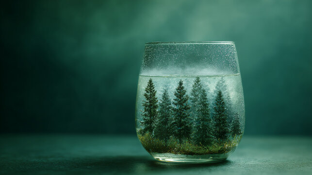 Glass of Water with Tiny Pine Forest and Mist on Forest Green Background
