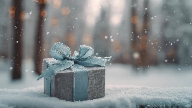A beautifully wrapped gift box sits elegantly on the snow-covered table in a serene winter forest, surrounded by softly falling snowflakes and blurred lights.