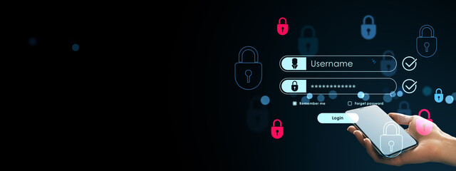 Obraz premium Secure smartphone login interface with password form, glowing padlock icons and modern authentication concept on dark background.