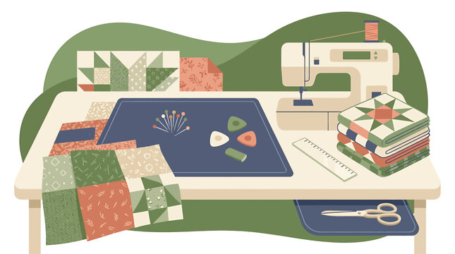 Colorful quilt pieces and sewing machine on table.