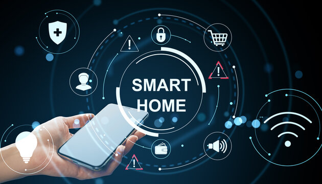 Smart home control interface with smartphone and futuristic iot icons on dark digital background illustrating modern connected home technology.