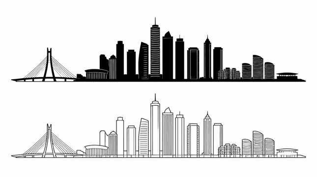 Boston City Skyline Silhouette and Outline Vector Illustration