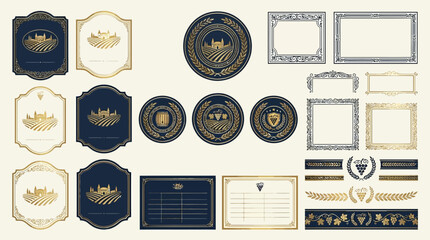 Fototapeta premium Vintage Winery Labels, Frames & Emblems - Gold & Navy Decor Elements