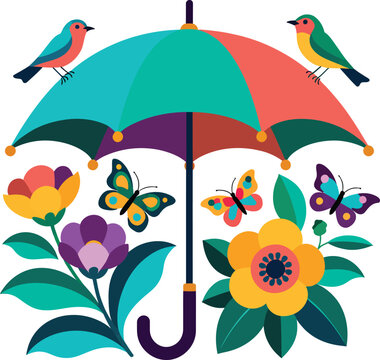 Colorful umbrella, birds, butterflies, flowers, spring, summer icons