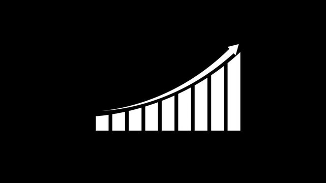 White Business Growth Bar Chart with Upward Curved Arrow Animation on Black Background Seamless Loop Motion Graphics