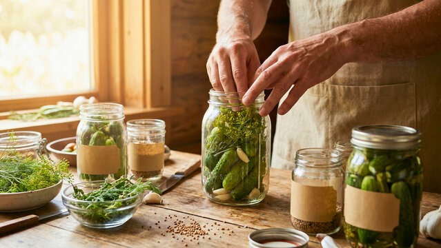 Hands packing vegetables into mason jar for pickling on rustic kitchen table wide, home preserving concept, artisan food preservation, traditional canning craft, seasonal preservation kitchen