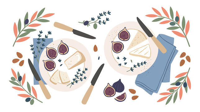 Flat lay of cheese board with figs and blueberries.