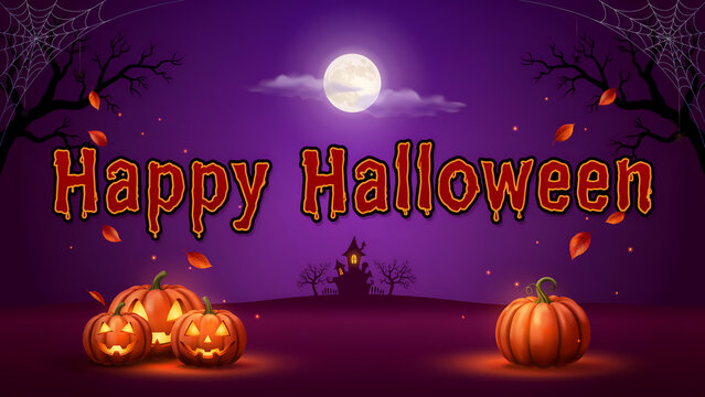 Happy halloween text with glowing pumpkins, full moon, and haunted house silhouette
