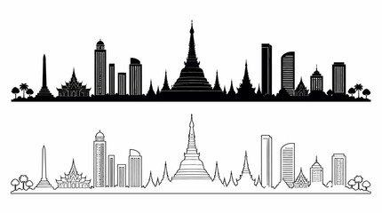 Obraz premium Yangon City Skyline Silhouette and Outline Vector Illustration