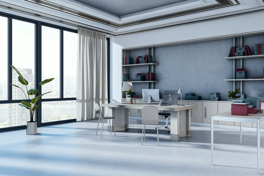 Modern corporate workspace with large window view, contemporary desk setup, organized shelves, light interior design and clean office room atmosphere. 3D Rendering