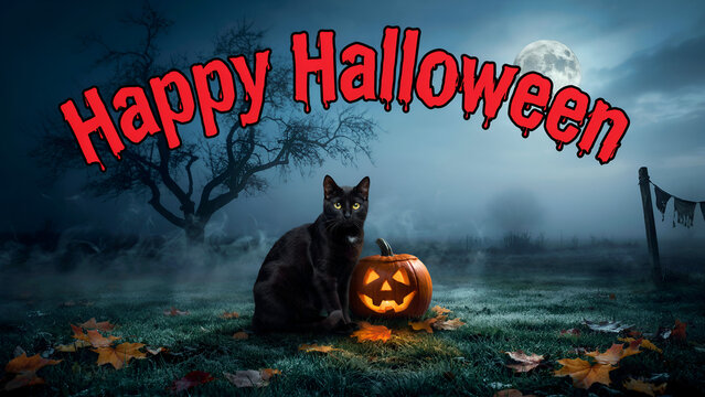 Black cat and jack-o'-lantern in a misty autumn field, happy halloween