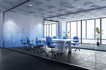 Fototapeta premium Modern corporate conference room with glass partition, blue chairs, large table and city view in bright contemporary office interior perspective design. 3D Rendering