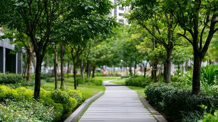 Obraz premium A serene tree lined pathway winds through a lush green urban park with manicured hedges and soft natural lighting