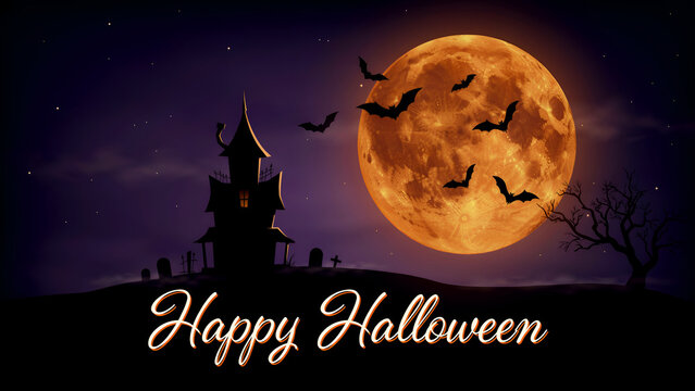 Haunted house silhouette with full moon and happy halloween text