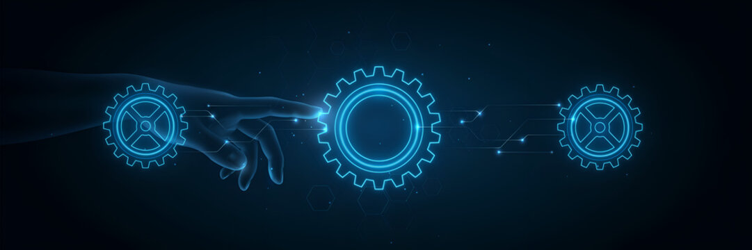 Human finger touching glowing blue digital gear on dark background