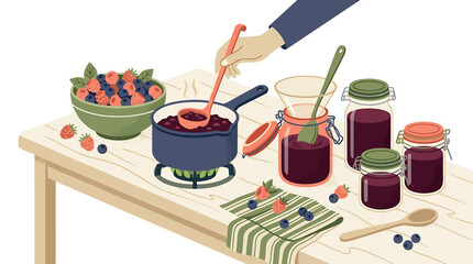 Homemade berry jam preparation on wooden table. © nur