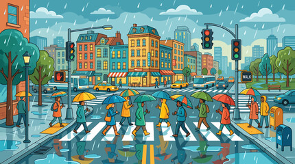 Colorful city street scene with pedestrians and rain. © Dasim