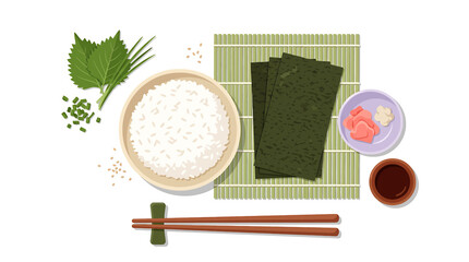 Traditional Japanese sushi ingredients flat lay arrangement. © riyanto