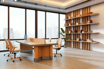 Modern corporate office interior with large windows, wooden desk, chairs, bookshelves and city view in bright contemporary workspace. 3D Rendering © Who is Danny