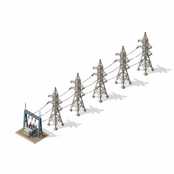 Isometric view of electrical power transmission towers and substation.