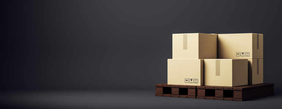 Stacked cardboard boxes on wooden pallet against dark background illustrating modern cargo and delivery concept for clean branding mockup.. 3D Rendering
