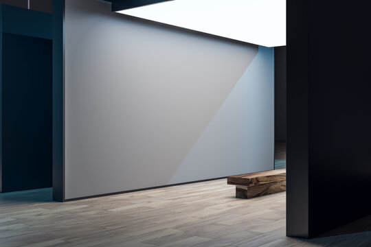 Minimal modern gallery interior with large blank wall and wooden bench under soft light creating spacious contemporary exhibition atmosphere. 3D Rendering