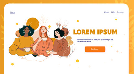 Fototapeta premium Women drinking coffee relaxing together autumn nature abstract plants modern website landing page warm colors