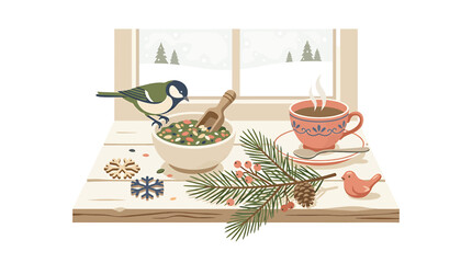 Winter bird perched on wooden table with tea and pine. © nur